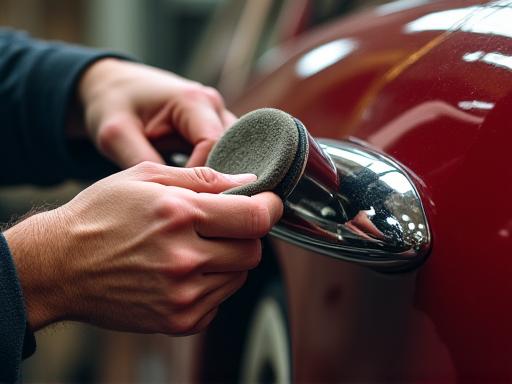 Hands of a master craftsman carefully polishing a vintage car's chrome trim.